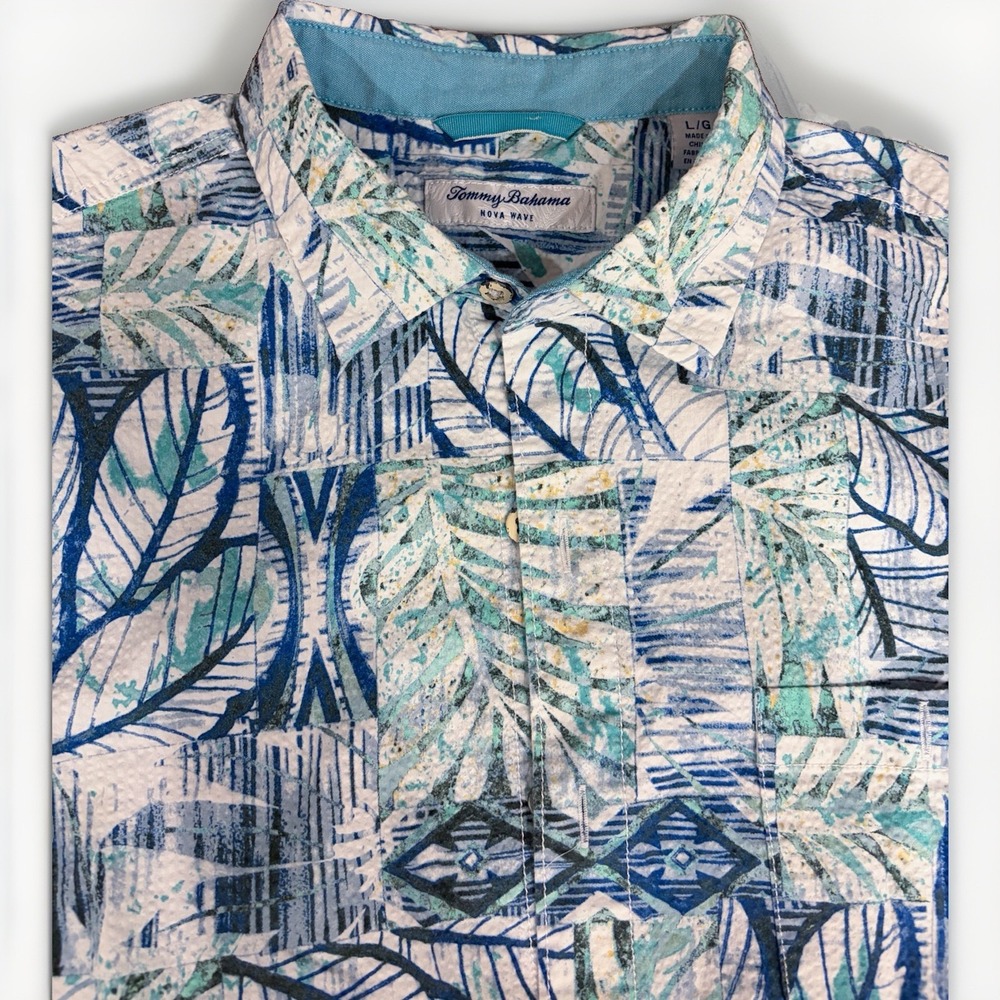 Tommy Bahama Nova Wave Coconut Point Shirt Mens Large Blue Tropical Leaf Print